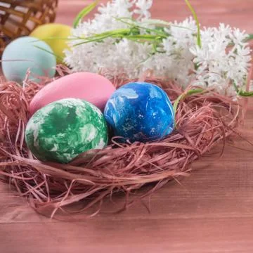 Easter eggs, placed in a nest and white spring flowers, close-up Stock Photos