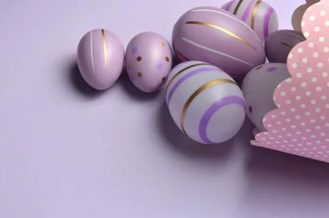 Easter eggs purple background. Easter. Stock Photos