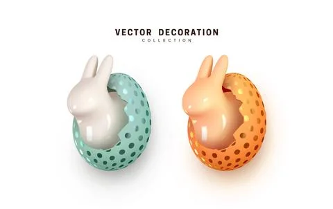 Easter eggs with rabbit. Ceramic 3d bunny in eggshell hole. Set realistic iso Stock Illustration