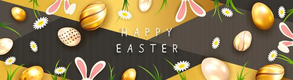 Easter Eggs with Rabbit Ears and Flowers on Gold and Black Banner Stock Illustration