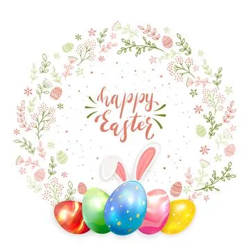 Easter Eggs with Rabbit Ears and Floral Elements on White Background Illustrazione stock