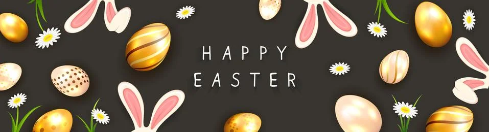 Easter Eggs with Rabbit Ears and Flowers on Black Banner Stock Illustration