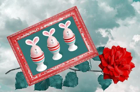 Easter eggs with rabbit ears and muzzles framed against the sky. Easter Concept 写真素材