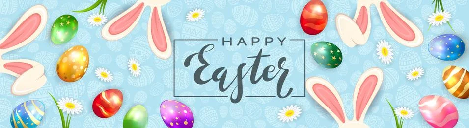 Easter Eggs with Rabbit Ears on Blue Banner Stock Illustration