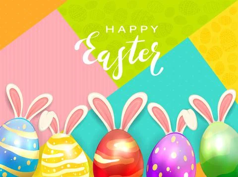 Easter Eggs with Rabbit Ears on Colored Background Stock Illustration