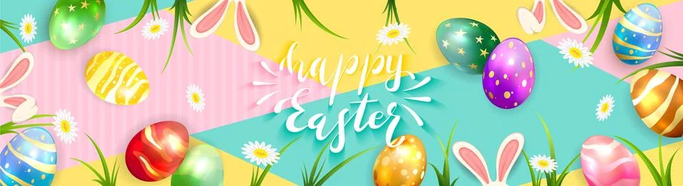 Easter Eggs with Rabbit Ears on Colored Banner Stock Illustration