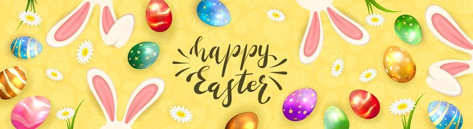 Easter Eggs with Rabbit Ears on Yellow Banner 스톡 일러스트