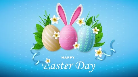 Easter eggs, with a rabbit's ears peeking out from behind them in the grass. Video stock 330941483