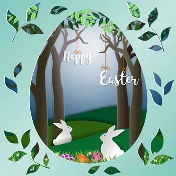 Easter eggs with rabbits on green grass in the forest,nature landscape paper  Stock Illustration
