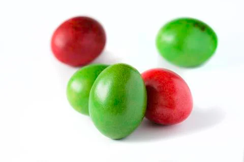 Easter eggs red and green isolated on white background. Stock Photos