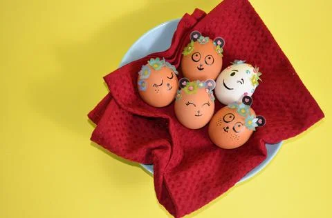 Easter eggs on a red napkin. Spring. Easter. Stock Photos