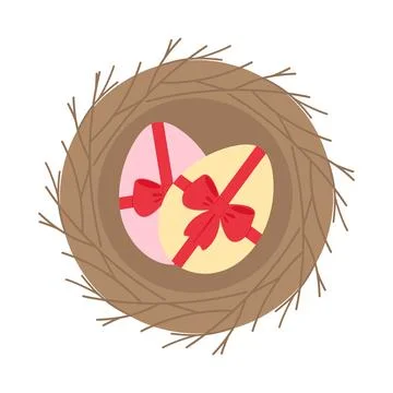 Easter Eggs with red tied ribbon bow in birds nest Easter Greeting Minimalistic Stock Illustration
