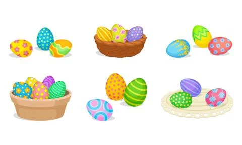 Easter Eggs Resting in Basket and Table-napkin Vector Set Stock Illustration