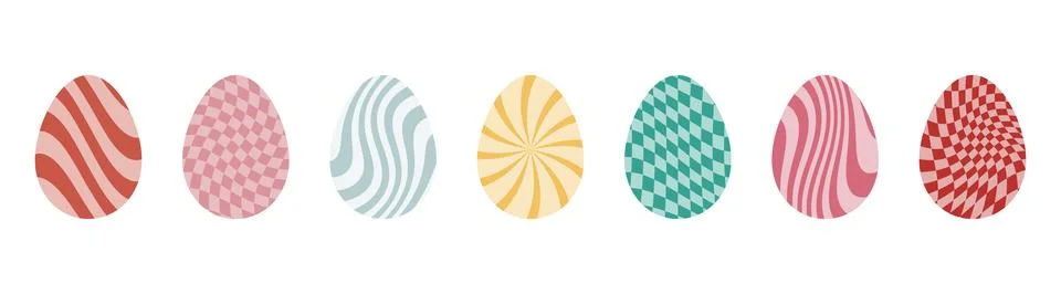 Easter eggs with retro groovy patterns in 60s 70s style set. Groovy hippie .. Stock Illustration
