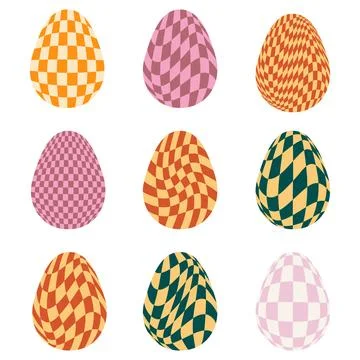 Easter eggs with retro groovy patterns in 60s 70s style set. Groovy hippie .. Stock Illustration