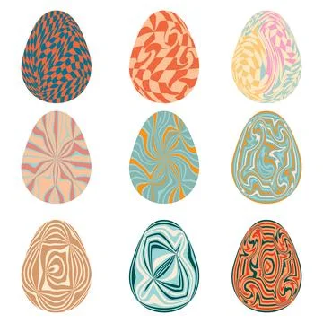 Easter eggs with retro groovy patterns in 60s 70s style set. Groovy hippie .. Stock Illustration