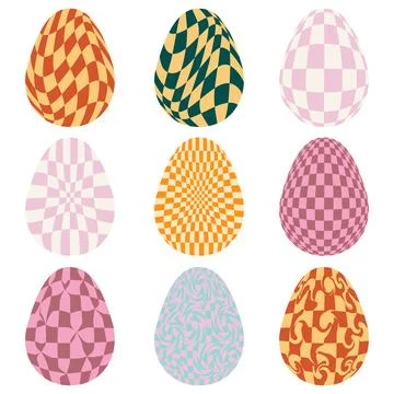 Easter eggs with retro groovy patterns in 60s 70s style set. Groovy hippie .. Stock Illustration
