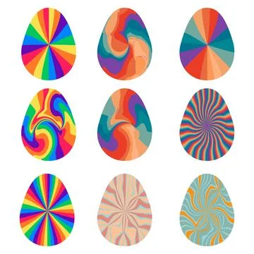 Easter eggs with retro groovy patterns in 60s 70s style set. Groovy hippie .. 스톡 일러스트