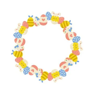 Easter eggs round frame, ornament, spring. On white isolated background. Fo.. Ilustración de archivo