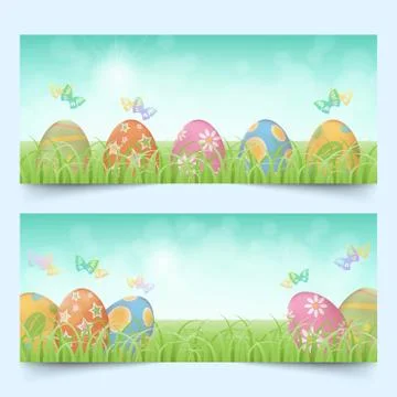 Easter eggs in a row banners set Stock Illustration