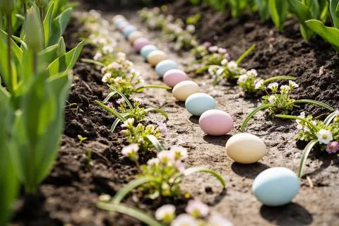 Easter eggs in a row on the ground with tulips and small flowers Stock Photos