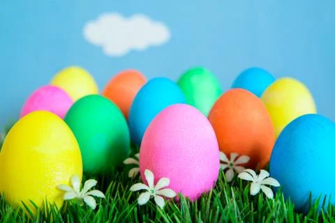 Easter Eggs in Rows - Blue Sky Stock Photos