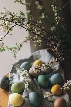 Easter eggs on rustic table with cherry blossoms. Happy Easter! Countryside.. Stock Photos
