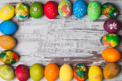 Easter eggs on rustic wooden background Stock Photos
