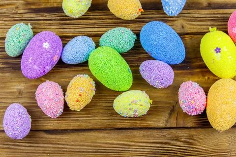 Easter eggs on rustic wooden background. Top view 写真素材