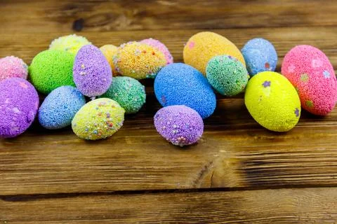 Easter eggs on rustic wooden background Stock Photos