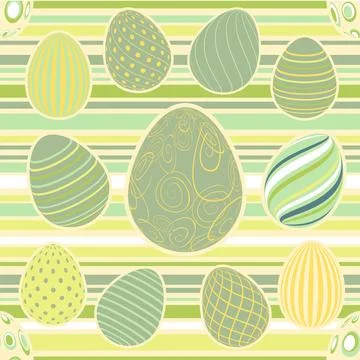 Easter Eggs with seamless ornament pattern.  Green background. Stock Illustration