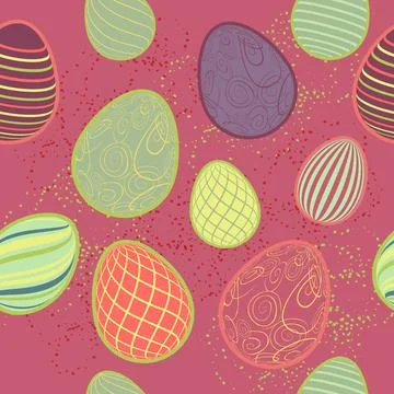 Easter Eggs with seamless ornament pattern. Red background. Stock Illustration