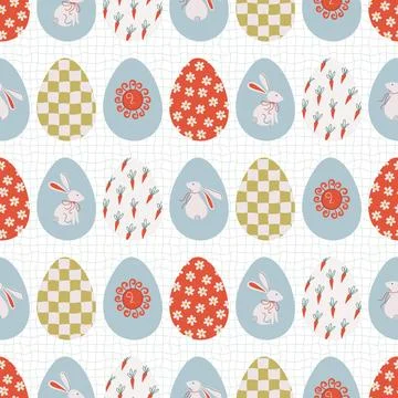 Easter eggs seamless pattern. Decorative eggs with bunny, flowers, carrot. 스톡 일러스트