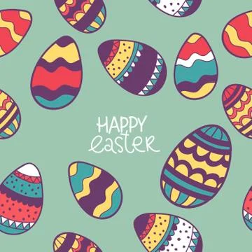 Easter eggs seamless pattern. for holidays design concept with lettering Happ Stock Illustration