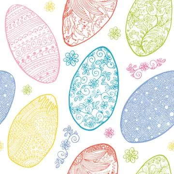 Easter eggs seamless pattern. Ornamental hand drawn sketch of  colorful easte Stock Illustration