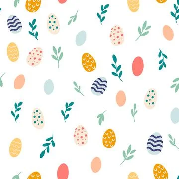 Easter eggs seamless pattern. Various flowers, leaves and decorative eggs. Te イラスト素材
