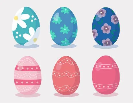 Easter eggs set. Happy Easter. Blue Eggs flowers, pink abstract stripes and dots Stock Illustration