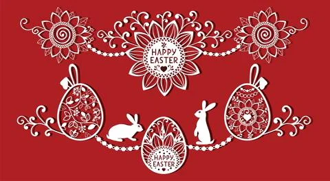 Easter eggs set with rabbit, butterfly, flower. White ornamental eggs for laser Stock Illustration