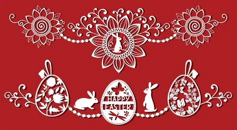 Easter eggs set with rabbit, butterfly, flower. White ornamental eggs for laser Stock Illustration