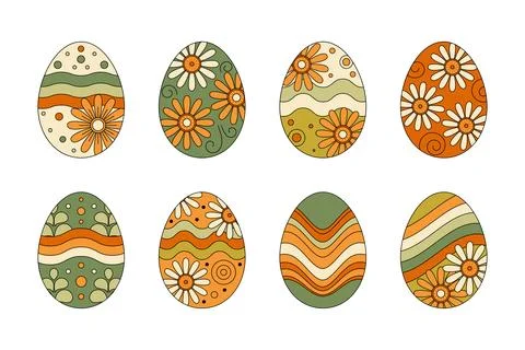 Easter eggs set in retro groovy 70s style with daisy flowers and wavy patte.. Stock Illustration