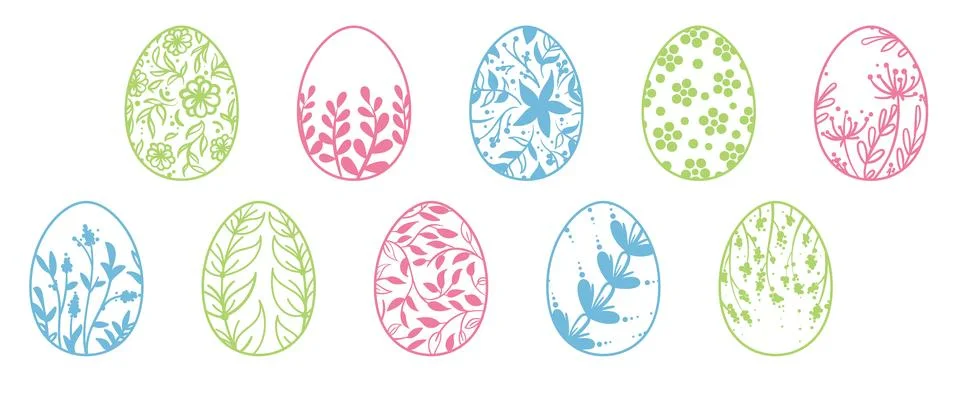 Easter eggs set. Vector lineart set of eggs with floral ornament. Stock Illustration