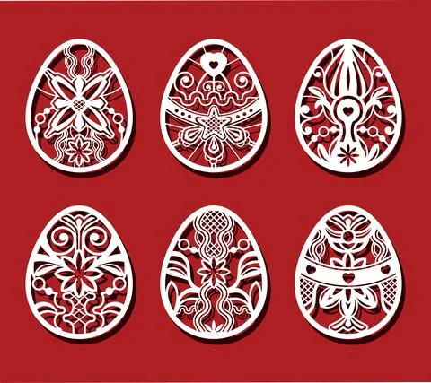 Easter eggs set. White abstract ornamental flower eggs for laser cutting on red Stock Illustration