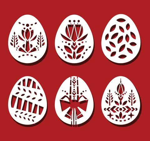 Easter eggs set. White geometry ornamental flower eggs for laser cutting on red Stock Illustration