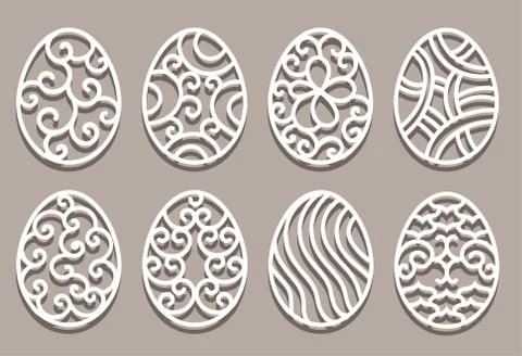 Easter eggs set. White ornamental eggs for laser cutting on beige background Stock Illustration