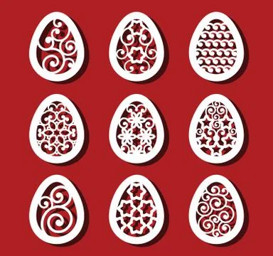 Easter eggs set. White ornamental eggs for laser cutting on red background Stock Illustration