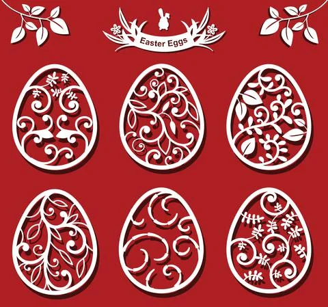 Easter eggs set. White ornamental eggs for laser cutting on red background Stock Illustration