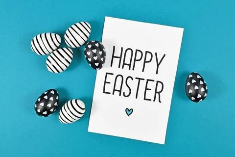 Easter eggs with simple black and white stripe and dot paintings with white Stock Photos