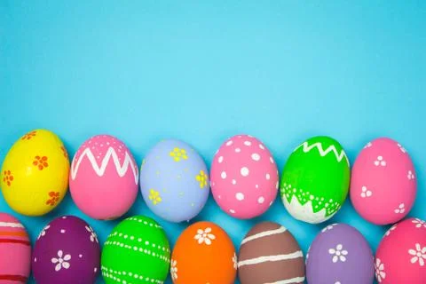 Easter eggs on the sky background. Stock Photos