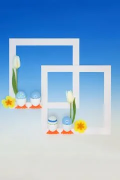 Easter Eggs Spring Flower Abstract Background White Frame Ilustración de archivo