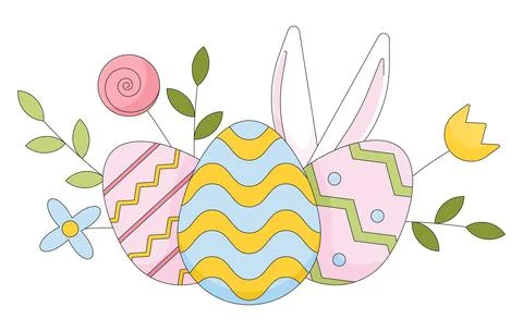 Easter eggs spring flowers 2D linear cartoon object Illustrazione stock